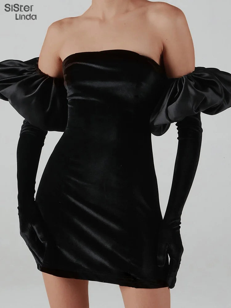 Woman's Elegant Strapless Velvet Dress With Cloud Gloves
