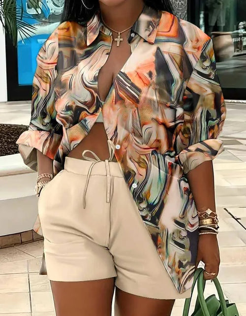 Load image into Gallery viewer, Woman&#39;s Plus Size Printed Long Sleeve Shirt And Loose Shorts Set
