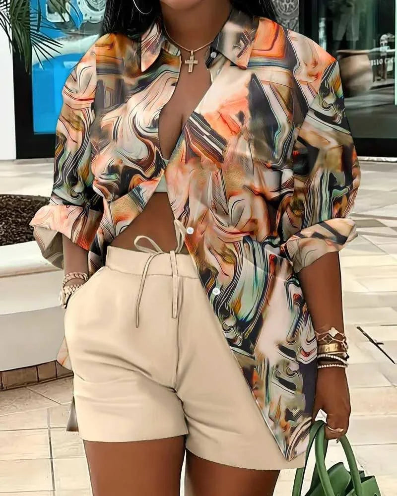 Woman's Plus Size Printed Long Sleeve Shirt And Loose Shorts Set
