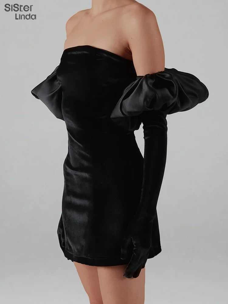 Woman's Elegant Strapless Velvet Dress With Cloud Gloves