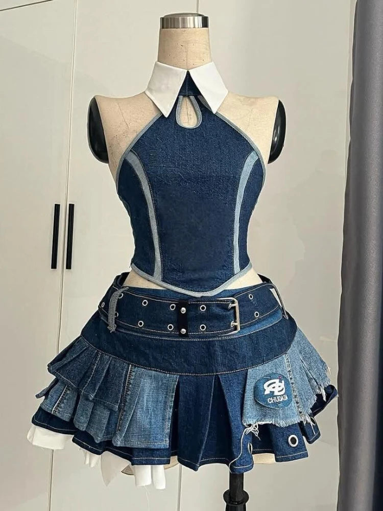 Woman's Punk Streetwear Denim 2 Piece Skirt Set
