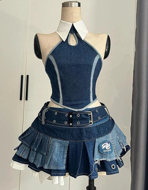 Load image into Gallery viewer, Woman&#39;s Punk Streetwear Denim 2 Piece Skirt Set
