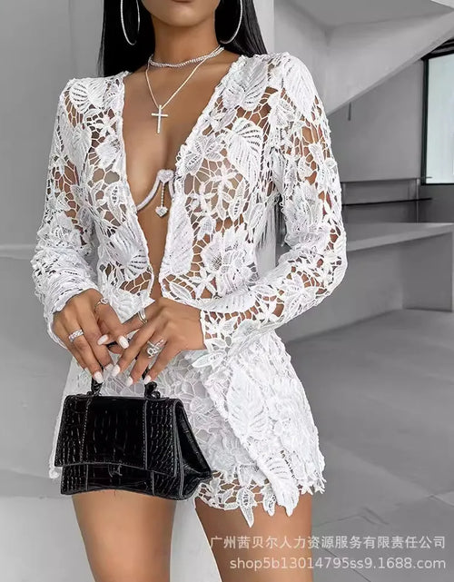 Load image into Gallery viewer, Woman&#39;s Lacy Long Sleeved Two-Piece Shorts Set
