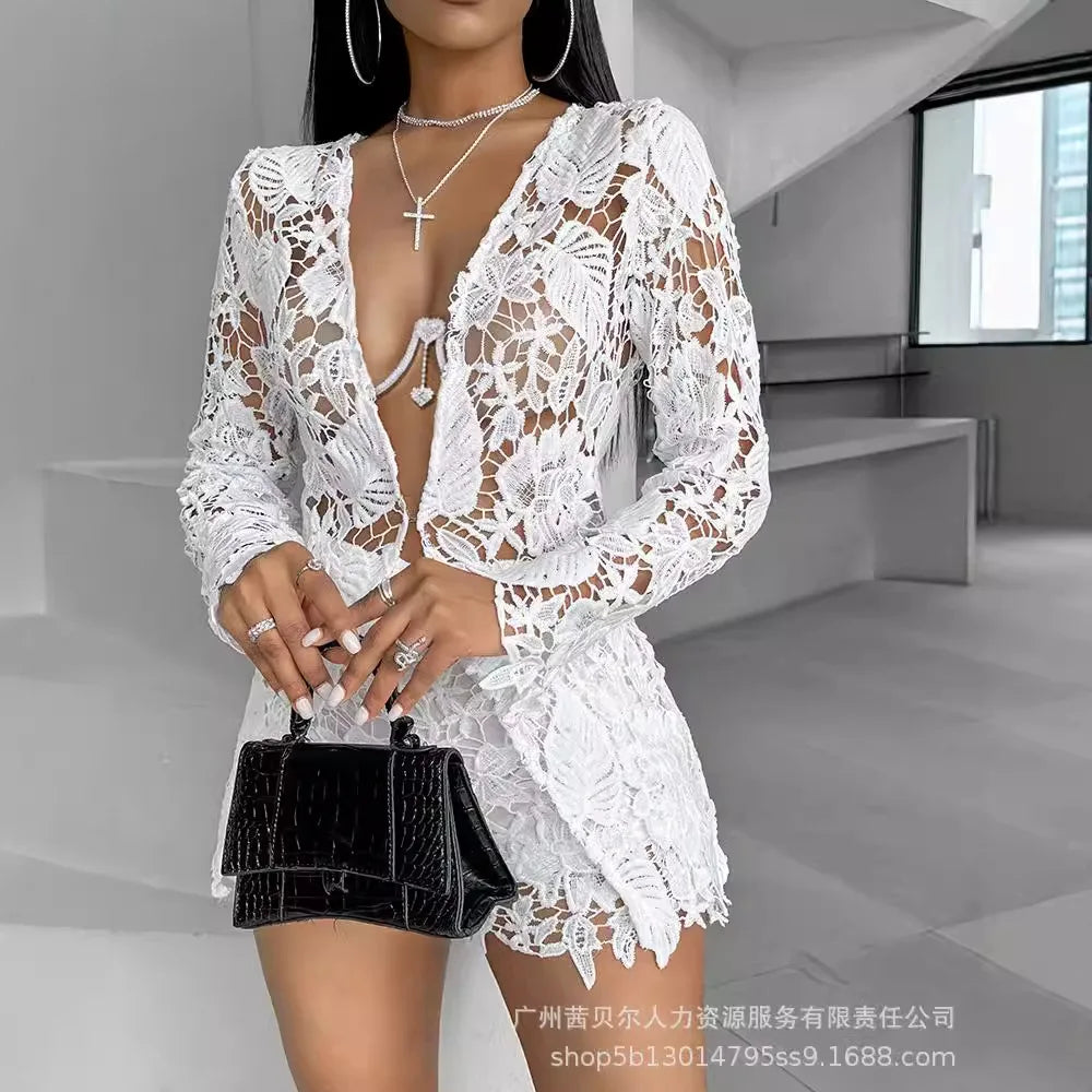 Woman's Lacy Long Sleeved Two-Piece Shorts Set