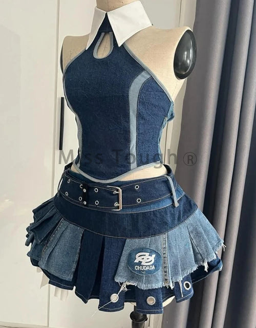 Load image into Gallery viewer, Woman&#39;s Punk Streetwear Denim 2 Piece Skirt Set
