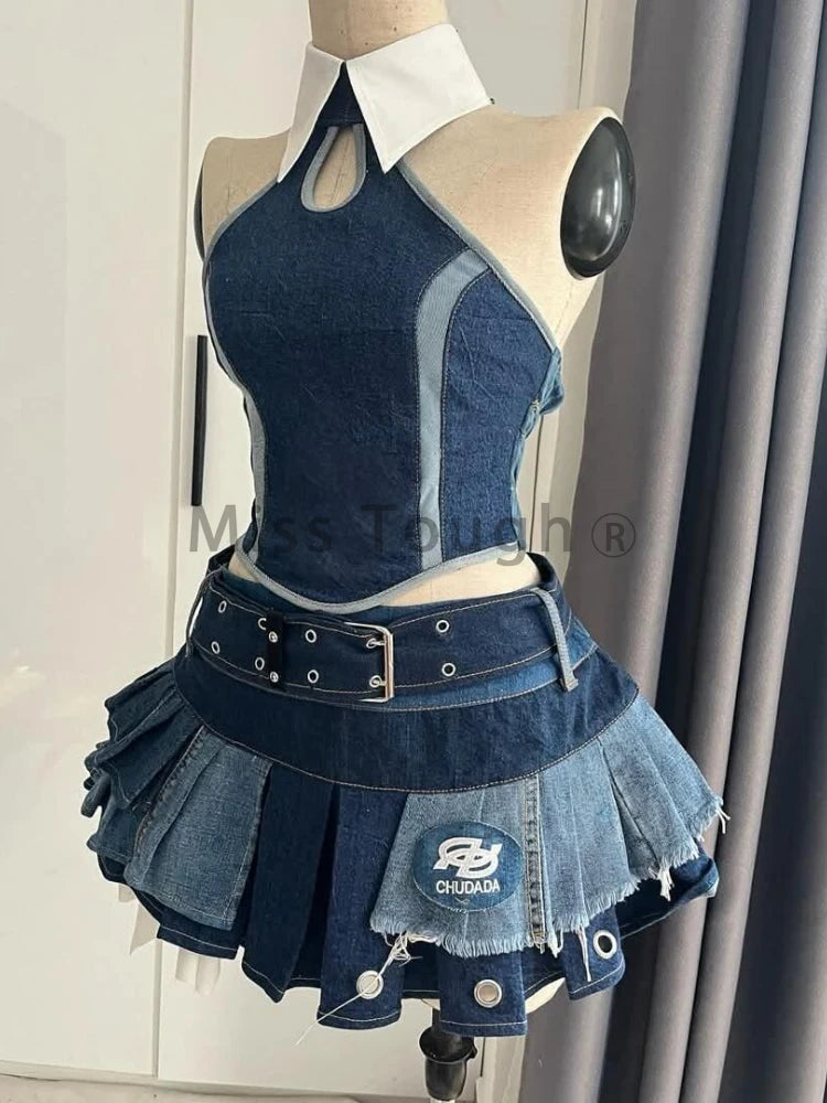 Woman's Punk Streetwear Denim 2 Piece Skirt Set