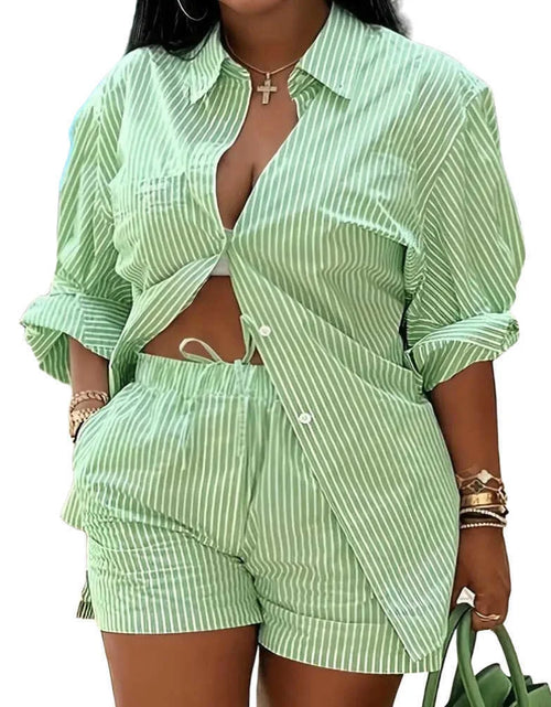 Load image into Gallery viewer, Woman&#39;s Plus Size Printed Long Sleeve Shirt And Loose Shorts Set
