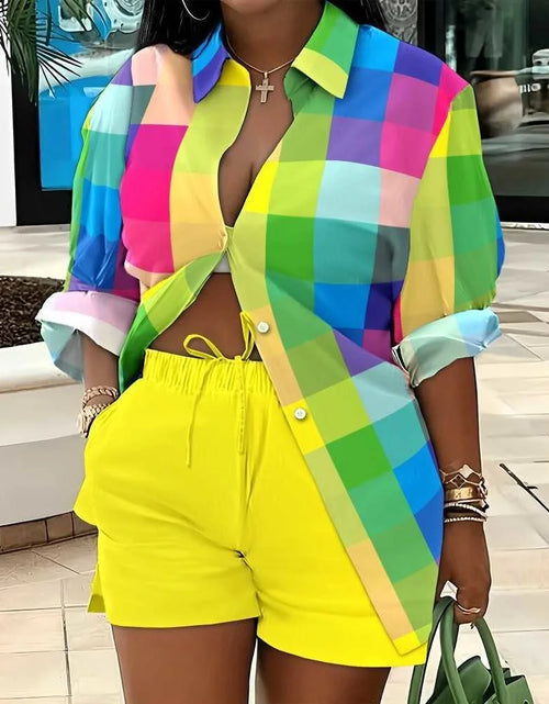 Load image into Gallery viewer, Woman&#39;s Plus Size Printed Long Sleeve Shirt And Loose Shorts Set
