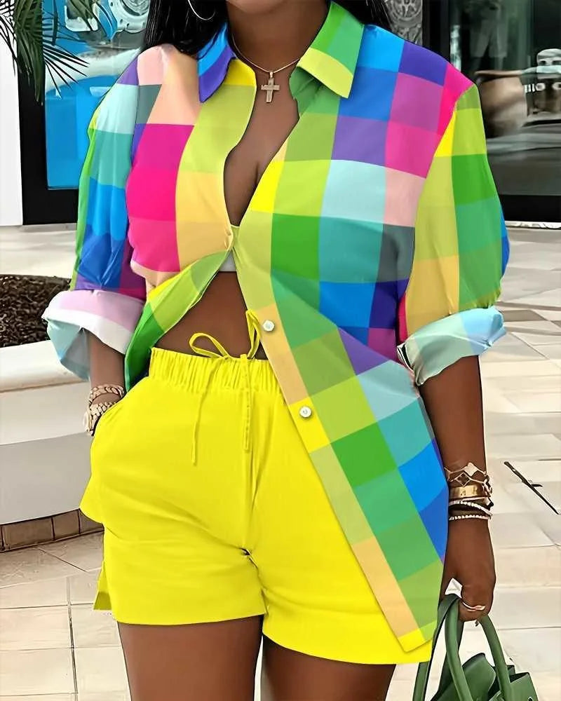 Woman's Plus Size Printed Long Sleeve Shirt And Loose Shorts Set