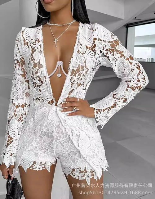 Load image into Gallery viewer, Woman&#39;s Lacy Long Sleeved Two-Piece Shorts Set
