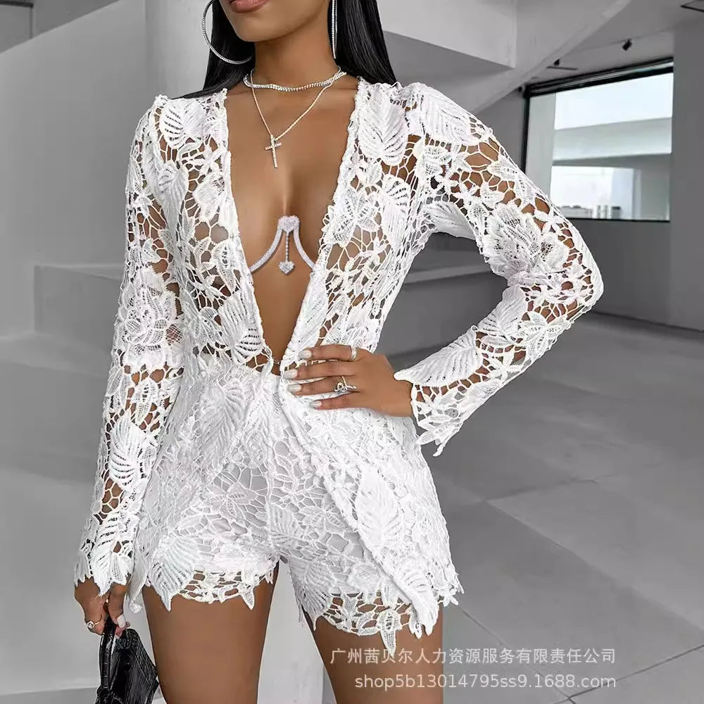 Woman's Lacy Long Sleeved Two-Piece Shorts Set