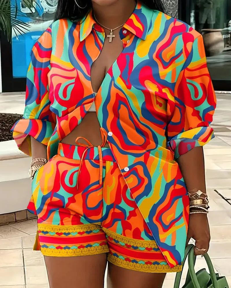 Woman's Plus Size Printed Long Sleeve Shirt And Loose Shorts Set