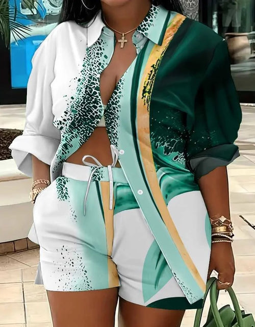Load image into Gallery viewer, Woman&#39;s Plus Size Printed Long Sleeve Shirt And Loose Shorts Set
