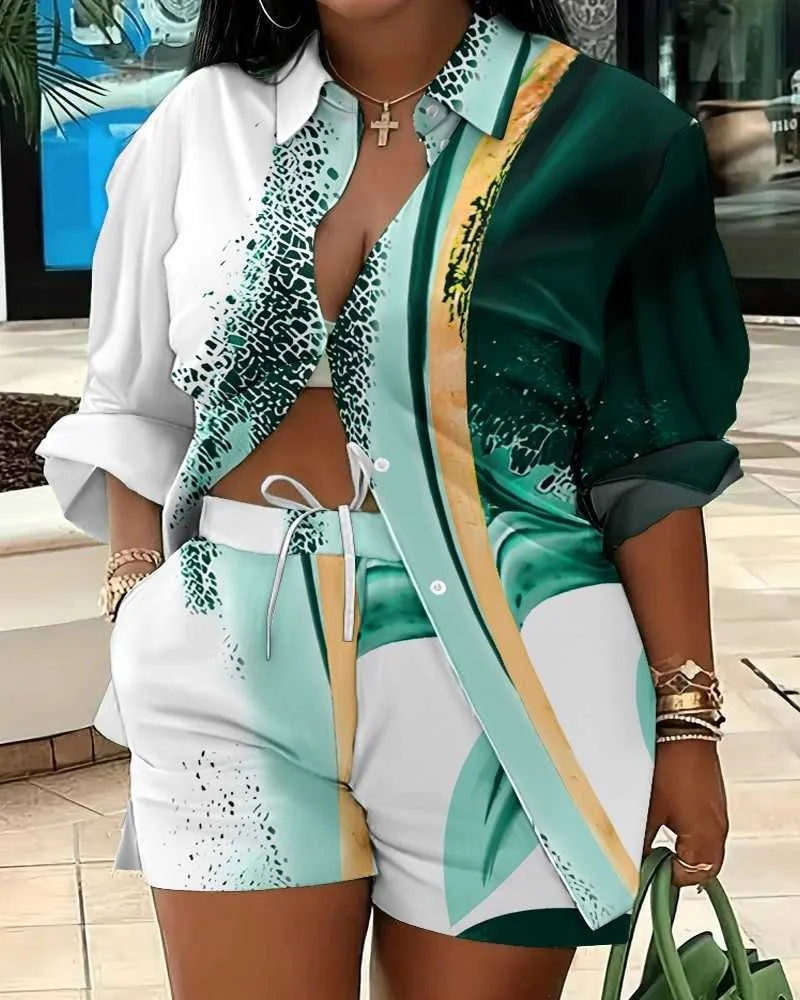 Woman's Plus Size Printed Long Sleeve Shirt And Loose Shorts Set