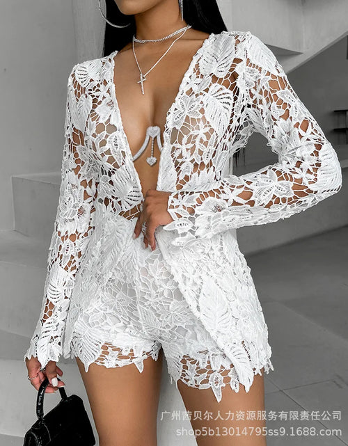 Load image into Gallery viewer, Woman&#39;s Lacy Long Sleeved Two-Piece Shorts Set
