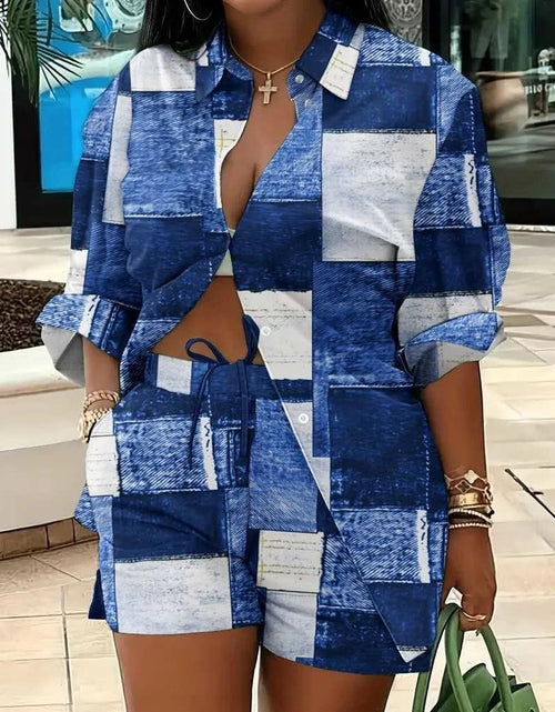 Load image into Gallery viewer, Woman&#39;s Plus Size Printed Long Sleeve Shirt And Loose Shorts Set
