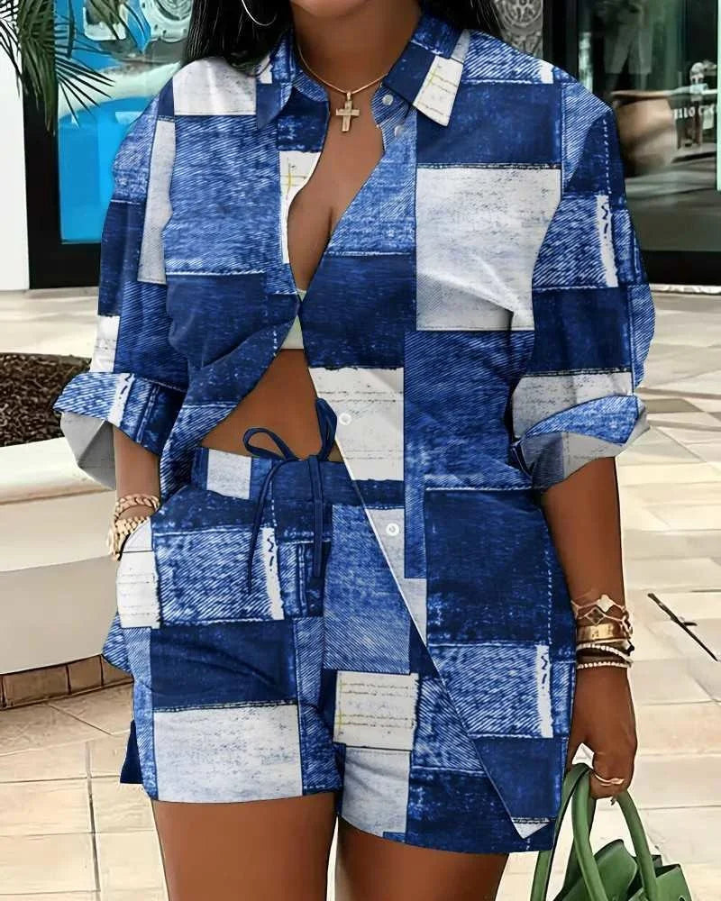 Woman's Plus Size Printed Long Sleeve Shirt And Loose Shorts Set