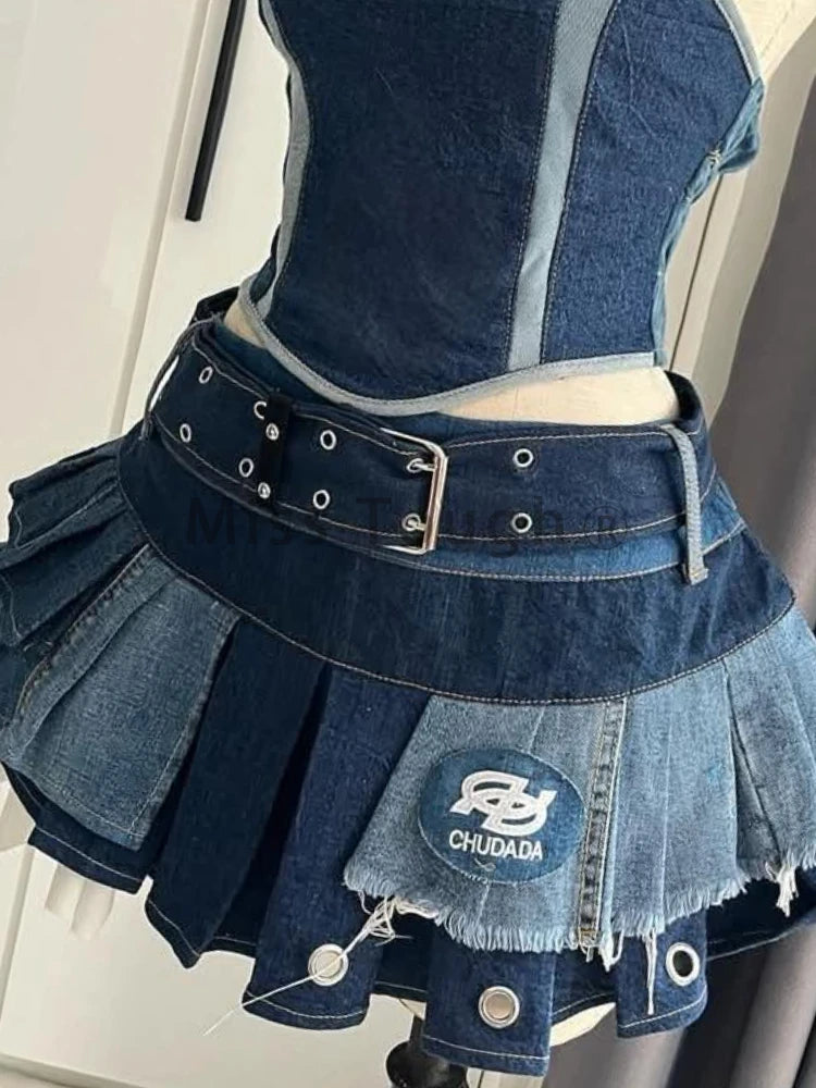 Woman's Punk Streetwear Denim 2 Piece Skirt Set