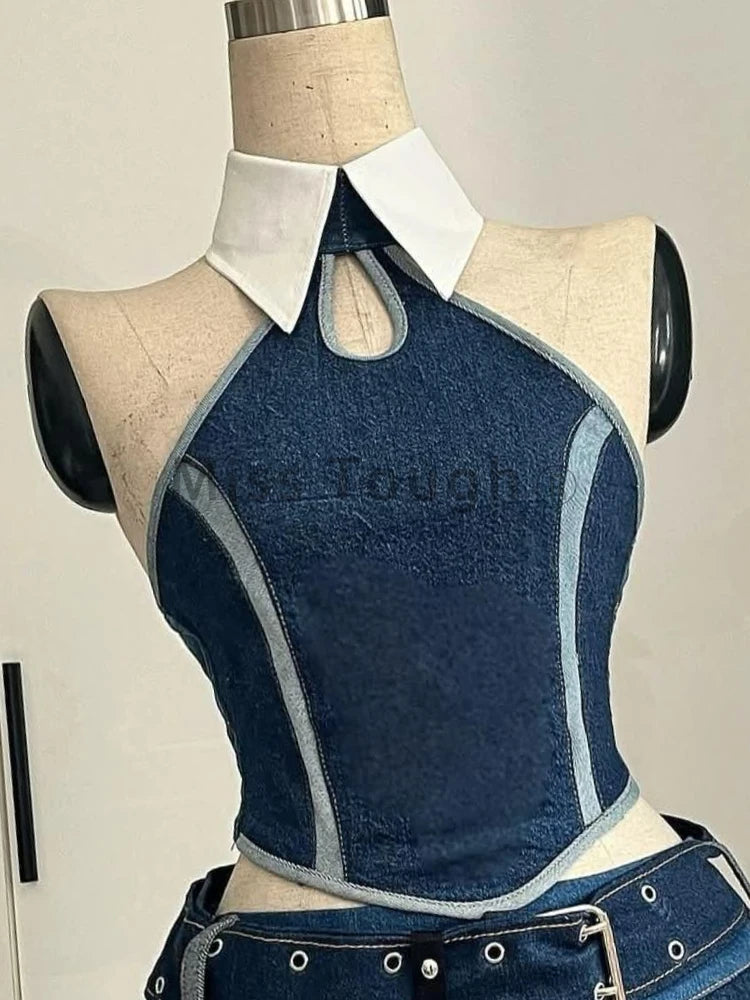 Woman's Punk Streetwear Denim 2 Piece Skirt Set