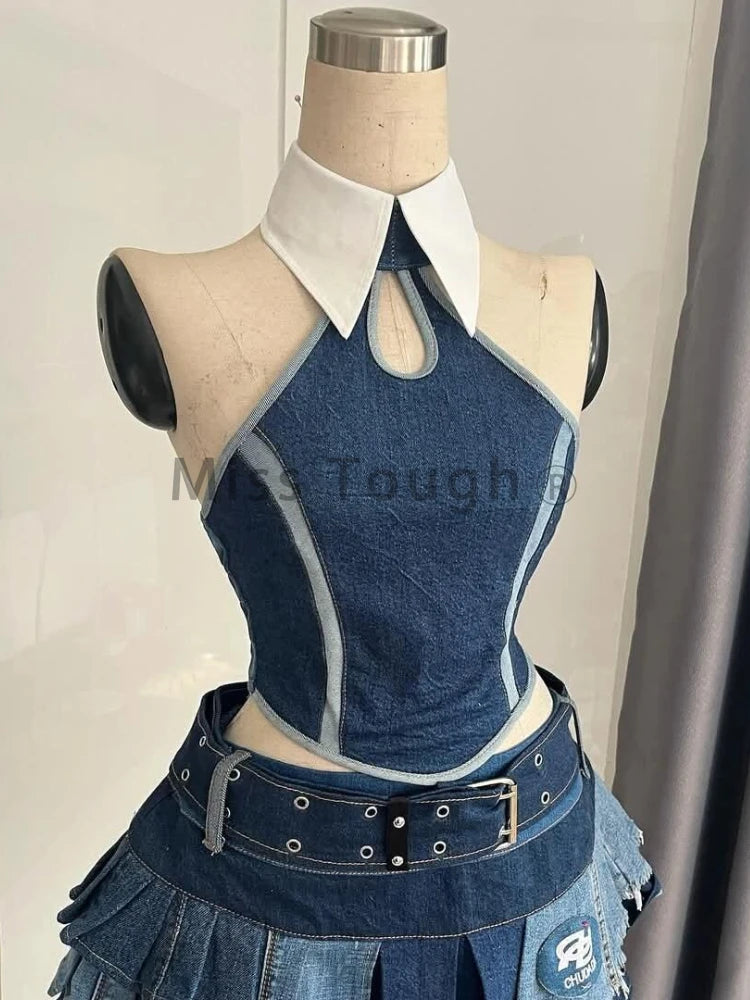 Woman's Punk Streetwear Denim 2 Piece Skirt Set