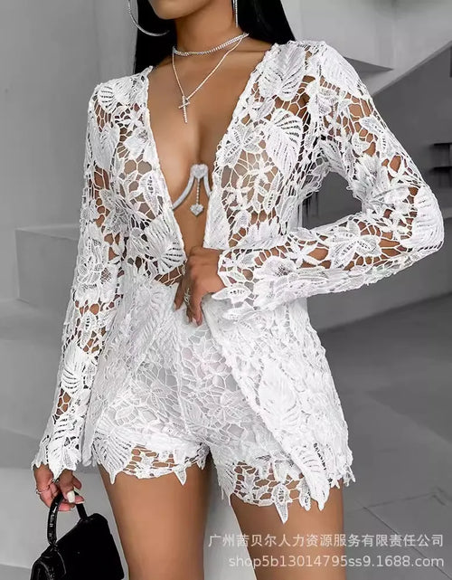 Load image into Gallery viewer, Woman&#39;s Lacy Long Sleeved Two-Piece Shorts Set
