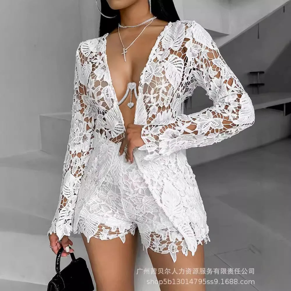 Woman's Lacy Long Sleeved Two-Piece Shorts Set